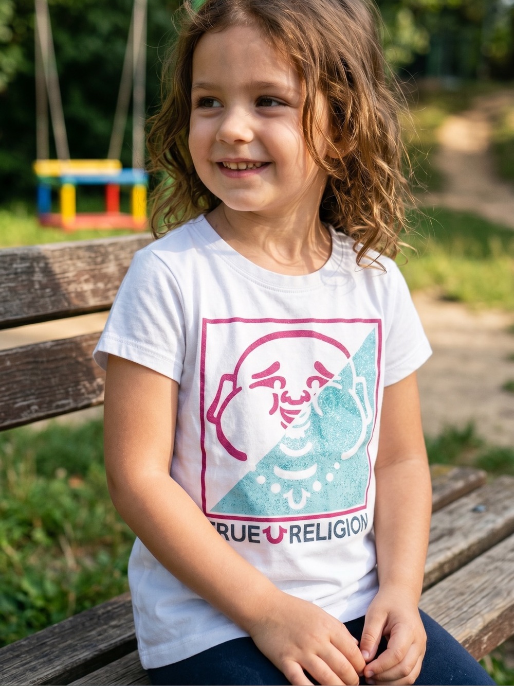 True Religion White Tee with Pink & Teal Graphic